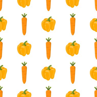 Taze havuç ve biber sebze ile dikişsiz desen. Organik gıda. Çizgi film tarzı. Tasarım, web, ambalaj kağıdı, kumaş, duvar kağıdı için vektör illüstrasyon.