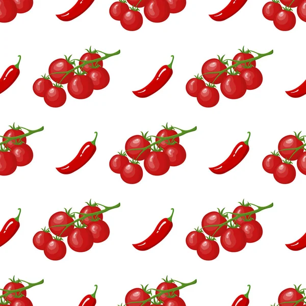 Motif sans couture avec des tomates cerises et des légumes au piment. De la nourriture biologique. Cartoon style. Illustration vectorielle pour design, web, papier d'emballage, tissu, papier peint . — Image vectorielle