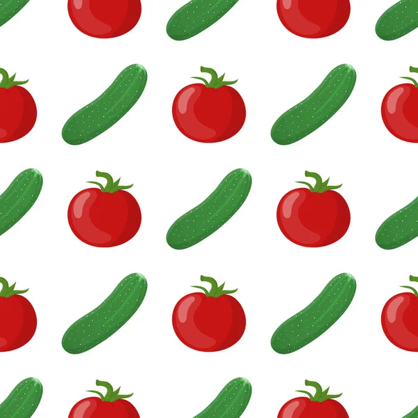 Seamless pattern with cucumber and tomato vegetables. Organic food. Cartoon style. Vector illustration for design, web, wrapping paper, fabric, wallpaper. — Stock Vector