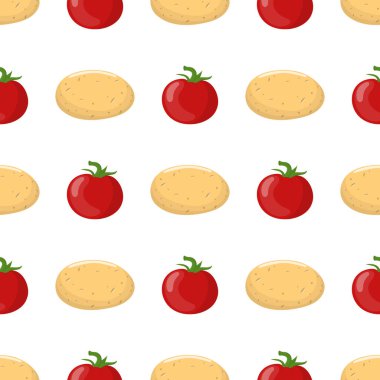 Patates ve kırmızı domates sebze ile dikişsiz desen. Organik gıda. Çizgi film tarzı. Tasarım, web, ambalaj kağıdı, kumaş, duvar kağıdı için vektör illüstrasyon.
