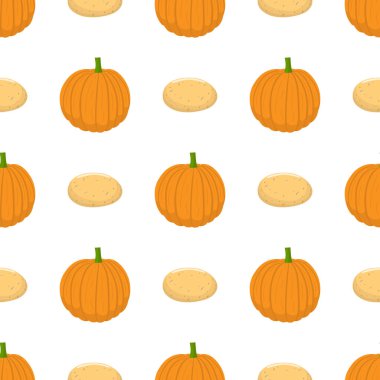 Taze kabak ve patates sebze ile dikişsiz desen. Organik gıda. Çizgi film tarzı. Tasarım, web, ambalaj kağıdı, kumaş, duvar kağıdı için vektör illüstrasyon.