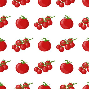 Taze domates ve kiraz domates dalı sebze ile dikişsiz desen. Organik gıda. Çizgi film tarzı. Tasarım, web, ambalaj kağıdı, kumaş, duvar kağıdı için vektör illüstrasyon.