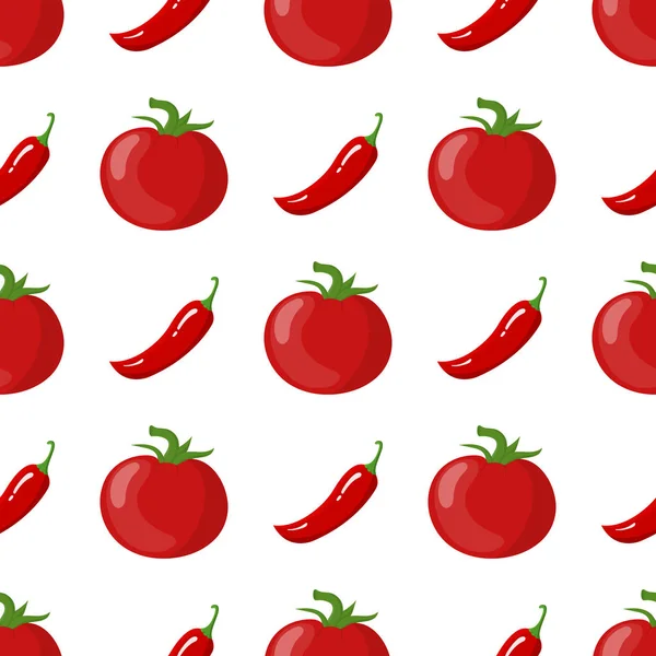 Motif sans couture avec des tomates fraîches et des légumes au piment. De la nourriture biologique. Cartoon style. Illustration vectorielle pour design, web, papier d'emballage, tissu, papier peint . — Image vectorielle