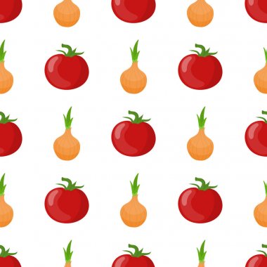 Taze domates ve soğan sebze ile dikişsiz desen. Organik gıda. Çizgi film tarzı. Tasarım, web, ambalaj kağıdı, kumaş, duvar kağıdı için vektör illüstrasyon.