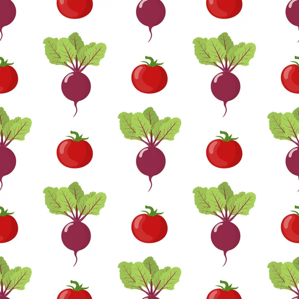 Seamless pattern with fresh beet and tomato vegetables. Organic food. Cartoon style. Vector illustration for design, web, wrapping paper, fabric, wallpaper. — Stock Vector