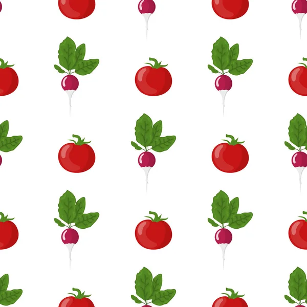 Seamless pattern with fresh radish and tomato vegetables. Organic food. Cartoon style. Vector illustration for design, web, wrapping paper, fabric, wallpaper. — Stock Vector