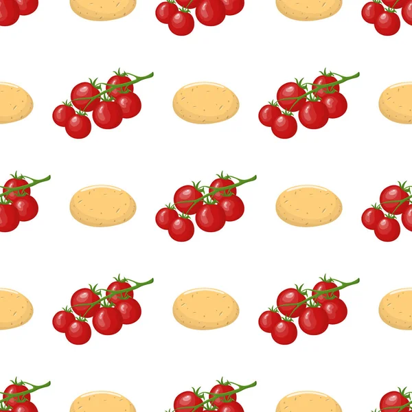 Seamless pattern with fresh cherry tomato and potato vegetables. Organic food. Cartoon style. Vector illustration for design, web, wrapping paper, fabric, wallpaper. — Stock Vector