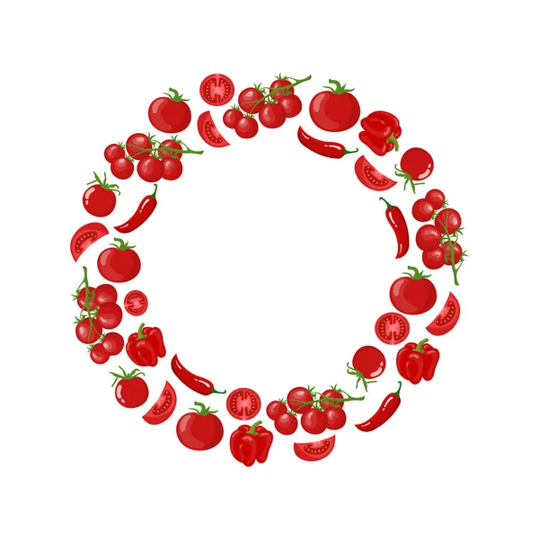 Couronne rouge de tomate, poivron, piment, tomate cerise. Légumes frais. De la nourriture biologique. Illustration vectorielle sur fond blanc . — Image vectorielle