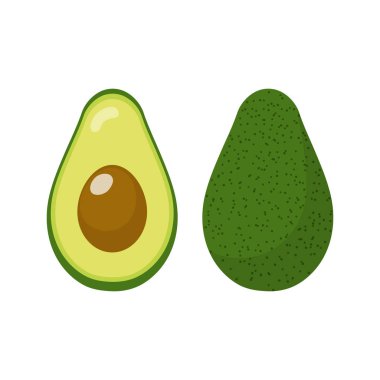 Taze bütün ve yarım avokado beyaz arka plan üzerinde izole. Organik gıda. Çizgi film tarzı. Tasarım için vektör çizimi.