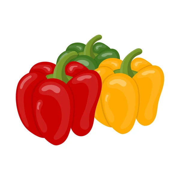 Verdure fresche al peperone isolate su fondo bianco. Icone verdi, gialle, rosse per il mercato, design delle ricette. Stile cartone animato. Illustrazione vettoriale per il design . — Vettoriale Stock