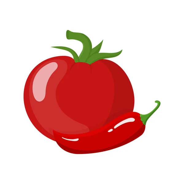 Tomate rouge fraîche et piment isolé sur fond blanc. Icône de légumes pour le marché, conception de recette, logo. De la nourriture biologique. Cartoon style. Illustration vectorielle pour le design . — Image vectorielle