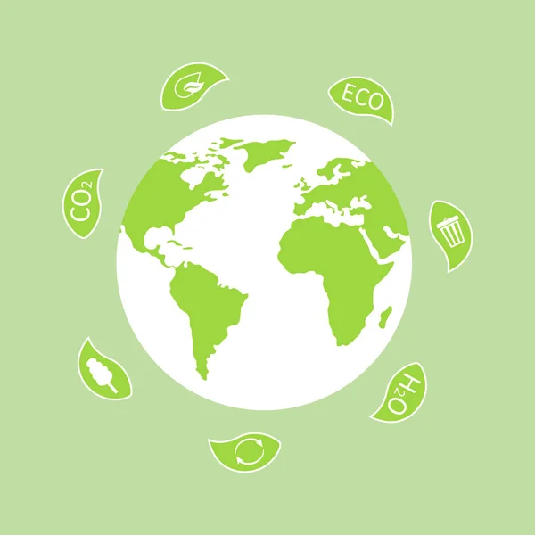 Земной шар с листьями ко Всемирному дню окружающей среды. Экологическая планета. Экологичный дизайн. Векторная иллюстрация . — стоковый вектор