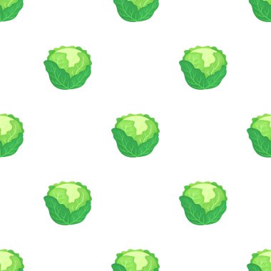 Beyaz arka plan üzerinde izole taze yeşil lahana ile Dikişsiz desen. Organik gıda. Çizgi film tarzı. Tasarım, web, ambalaj kağıdı, kumaş, duvar kağıdı için vektör illüstrasyon.