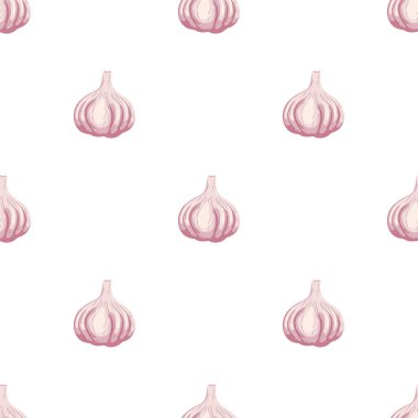 Sarımsak ile dikişsiz desen. Organik gıda. Çizgi film tarzı. Tasarım, web, ambalaj kağıdı, kumaş, duvar kağıdı için vektör illüstrasyon.