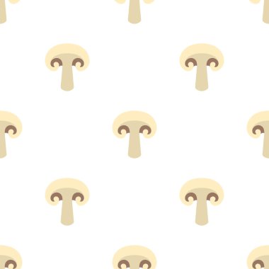 Taze champignons ile dikişsiz desen. Organik gıda. Çizgi film tarzı. Tasarım, web, ambalaj kağıdı, kumaş, duvar kağıdı için vektör illüstrasyon.