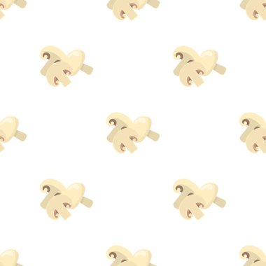 Taze champignons ile dikişsiz desen. Organik gıda. Çizgi film tarzı. Tasarım, web, ambalaj kağıdı, kumaş, duvar kağıdı için vektör illüstrasyon.