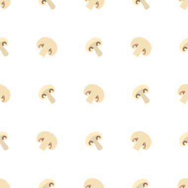 Taze champignons ile dikişsiz desen. Organik gıda. Çizgi film tarzı. Tasarım, web, ambalaj kağıdı, kumaş, duvar kağıdı için vektör illüstrasyon.