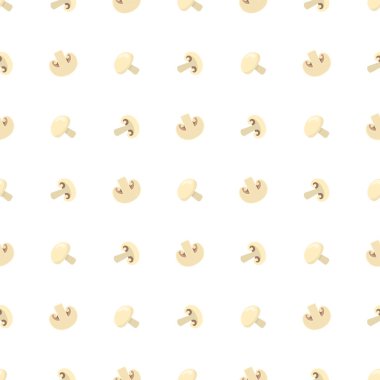 Taze champignons ile dikişsiz desen. Organik gıda. Çizgi film tarzı. Tasarım, web, ambalaj kağıdı, kumaş, duvar kağıdı için vektör illüstrasyon.