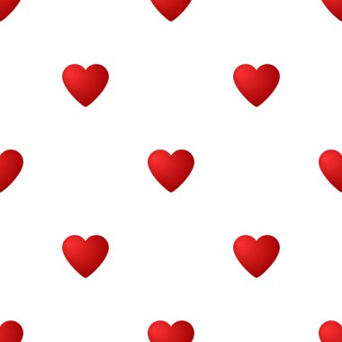 Beyaz arka plan üzerinde kırmızı kalpler ile dikişsiz desen. Tasarım, web, ambalaj kağıdı, kumaş, duvar kağıdı için vektör illüstrasyon.