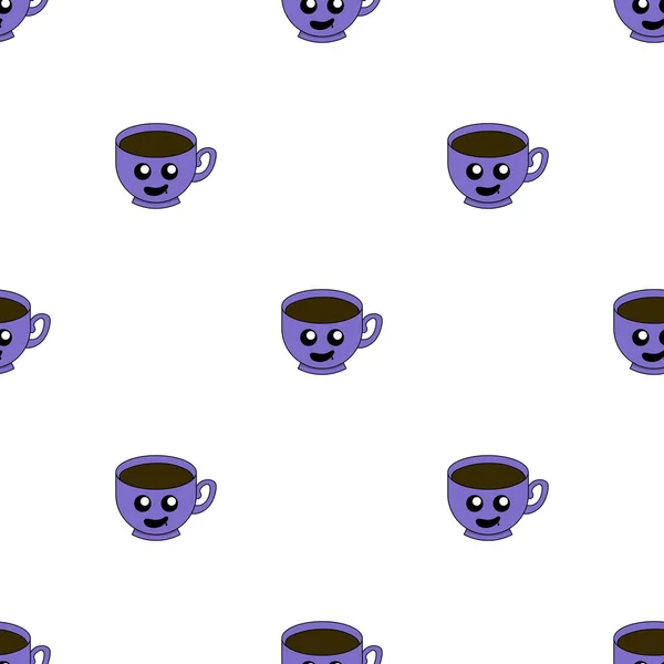 Modèle sans couture avec émoticônes tasse sur fond blanc. Kawaii doodle tasses personnage avec des expressions animées mignons. Illustration vectorielle pour design, web, papier d'emballage, tissu, papier peint . — Image vectorielle