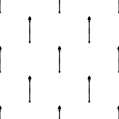 Beyaz arka planda siyah sihirli personel simgesi ile Dikişsiz desen. Sihirli değnek, asa, sopa, çubuk. Vektör Illustration.
