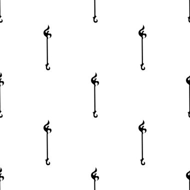 Beyaz arka planda siyah sihirli personel simgesi ile Dikişsiz desen. Sihirli değnek, asa, sopa, çubuk. Vektör Illustration.