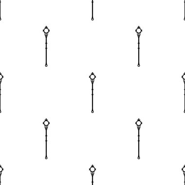 Beyaz arka planda siyah sihirli personel simgesi ile Dikişsiz desen. Sihirli değnek, asa, sopa, çubuk. Vektör Illustration.