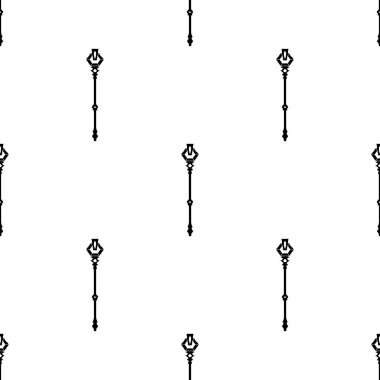 Beyaz arka planda siyah sihirli personel simgesi ile Dikişsiz desen. Sihirli değnek, asa, sopa, çubuk. Vektör Illustration.