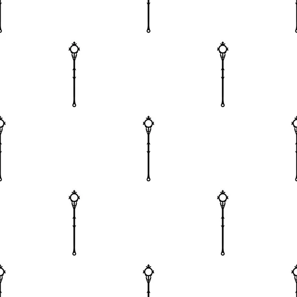 흰색 배경에 검은 마법 직원 아이콘이있는 원활한 패턴. 마법 지팡이, 홀, 막대기, 막대. 벡터 일러스트레이션. — 스톡 벡터