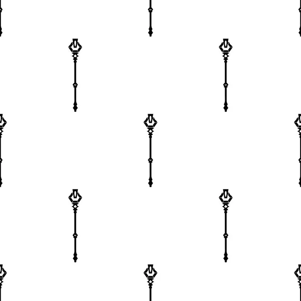 无缝模式与黑色魔法工作人员图标在白色背景。魔杖,杖,棒,棒。矢量插图. — 图库矢量图片