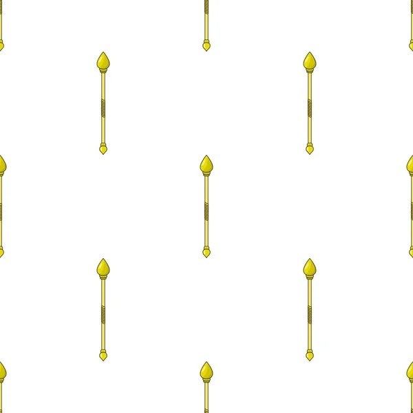 흰색 배경에 노란색 마법 직원 아이콘이있는 원활한 패턴. 마법 지팡이, 홀, 막대기, 막대. 벡터 일러스트레이션. — 스톡 벡터