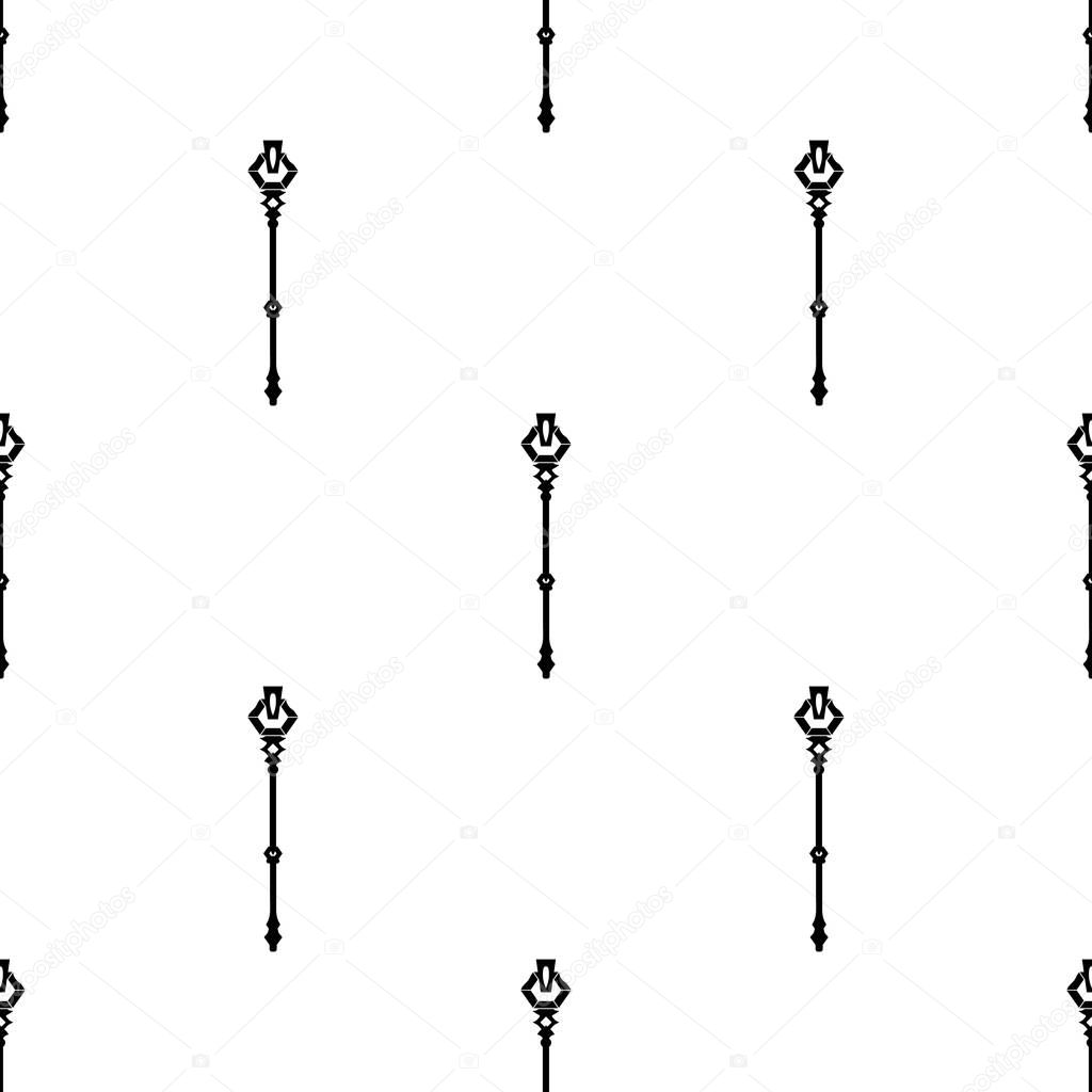 Seamless pattern with black magic staff icon on white background. Magic wand, scepter, stick, rod. Vector illustration.