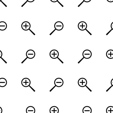 Büyüteçle birlikte beyaz arka planda yakınlaştırma simgesini artırır ve azaltır. Tasarım, web, ambalaj kağıdı, kumaş, duvar kağıdı için vektör illüstrasyon.