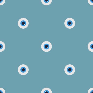 Mavi göz simgesi ile dikişsiz desen. Klinik göz irisi. Düz stil. Tasarım, web, ambalaj kağıdı, kumaş, duvar kağıdı için vektör illüstrasyon.
