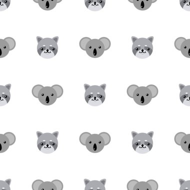 Sevimli koala ve rakun ile dikişsiz desen. Tasarım, web, ambalaj kağıdı, kumaş, duvar kağıdı için vektör illüstrasyon.