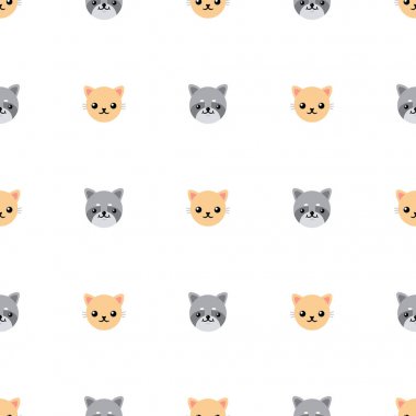 Sevimli kedi ve rakun ile dikişsiz desen. Tasarım, web, ambalaj kağıdı, kumaş, duvar kağıdı için vektör illüstrasyon.