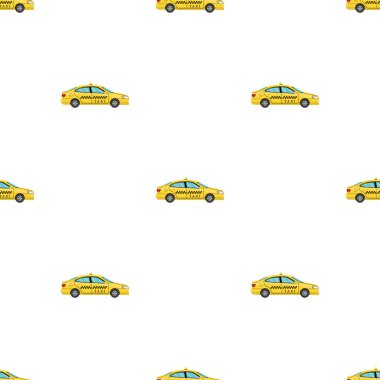 Karikatür tarzında araba taksi ile Dikişsiz desen. Yandan bak. Beyaz arka planda taksi sarı araba taksi. Tasarım, web, ambalaj kağıdı, kumaş, duvar kağıdı için vektör illüstrasyon.