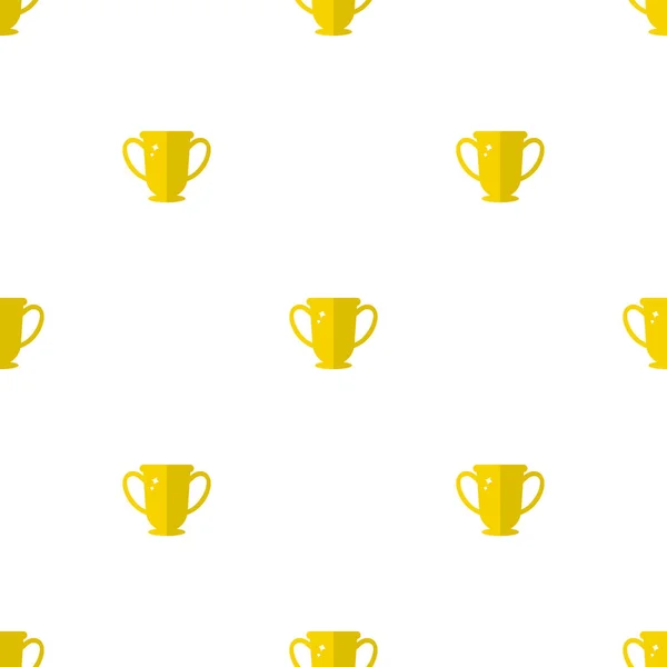 Patrón sin costuras con el icono de la copa trofeo ganador. En primer lugar. Trofeo plano dorado aislado sobre fondo blanco. Ilustración vectorial para diseño, tela, papel de embalaje, tela, papel pintado . — Vector de stock