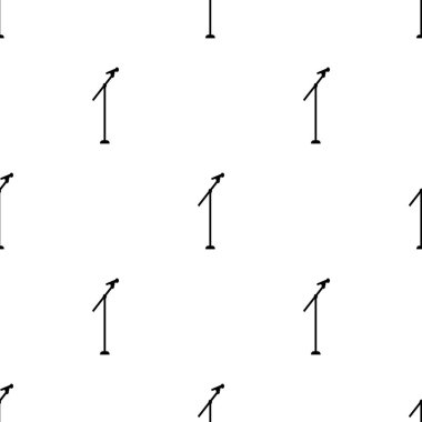 Siyah siluet sahne mikrofonu ile dikişsiz desen ve beyaz arka plan üzerinde izole standı. Tasarım, web, ambalaj kağıdı, kumaş, duvar kağıdı için vektör illüstrasyon.