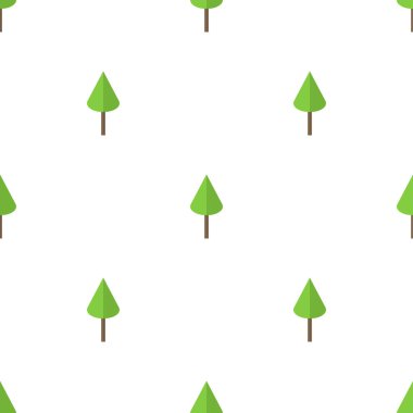 Beyaz arka plan üzerinde düz yeşil ağaç simgesi ile dikişsiz desen. Tasarım, web, ambalaj kağıdı, kumaş, duvar kağıdı için vektör illüstrasyon.