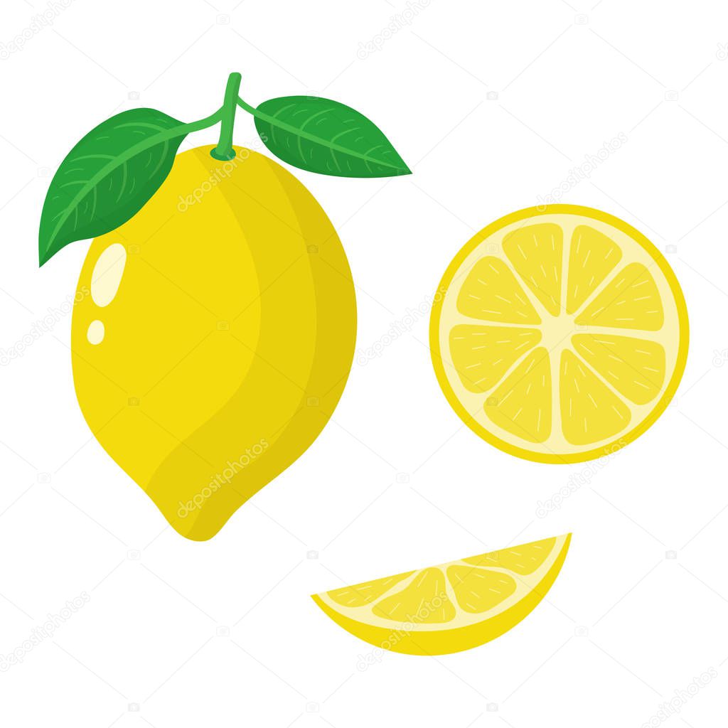 Set of fresh whole, half and slice lemon isolated on white background. Organic fruits. Cartoon style. Vector illustration for any design.