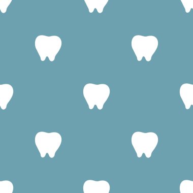 Mavi arka plan üzerinde beyaz diş simgesi ile dikişsiz desen. Diş hekimi konsepti. Tasarım, web, ambalaj kağıdı, kumaş, duvar kağıdı için vektör illüstrasyon.