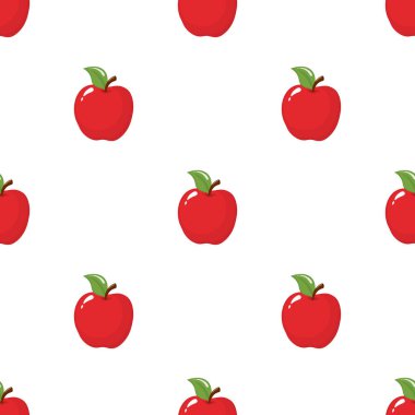 Beyaz arka plan üzerinde kırmızı elma ile dikişsiz desen. Organik meyve. Çizgi film tarzı. Tasarım, web, ambalaj kağıdı, kumaş, duvar kağıdı için vektör illüstrasyon.