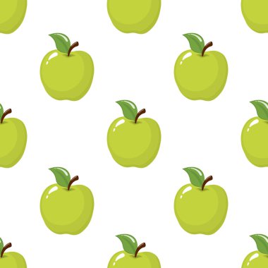 Beyaz arkaplanda yeşil elmalar olan kusursuz bir desen. Organik meyve. Çizgi film tarzı. Tasarım, ağ, ambalaj kağıdı, kumaş, duvar kağıdı için vektör illüstrasyonu.