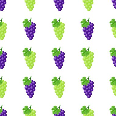 Beyaz arka plan üzerinde mor ve yeşil üzüm ile Dikişsiz desen. Saplı ve yapraklı bir demet mor üzüm. Tasarım, web, ambalaj kağıdı, kumaş, duvar kağıdı için vektör illüstrasyon.