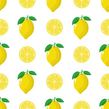 Taze bütün ile Dikişsiz desen, beyaz arka plan üzerinde yarım limon meyve. Tasarım, web, ambalaj kağıdı, kumaş, duvar kağıdı için vektör illüstrasyon.
