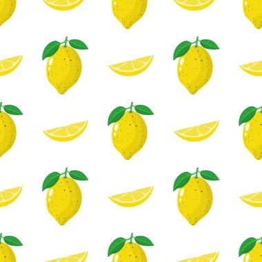 Taze bütün ile Dikişsiz desen, beyaz arka plan üzerinde dilim limon meyve. Tasarım, web, ambalaj kağıdı, kumaş, duvar kağıdı için vektör illüstrasyon.