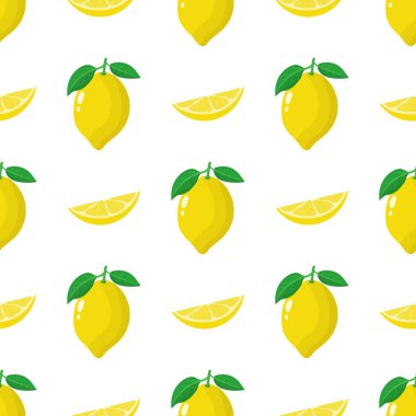Taze bütün ile Dikişsiz desen, beyaz arka plan üzerinde dilim limon meyve. Tasarım, web, ambalaj kağıdı, kumaş, duvar kağıdı için vektör illüstrasyon.