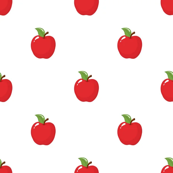 Seamless pattern with red apples on white background. Organic fruit. Cartoon style. Vector illustration for design, web, wrapping paper, fabric, wallpaper. — Stock Vector
