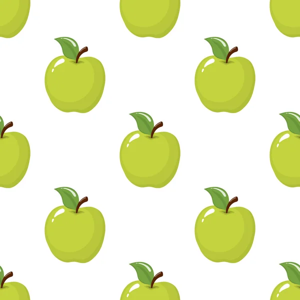 Nahtloses Muster mit grünen Äpfeln auf weißem Hintergrund. Bio-Obst. Cartoon-Stil. Vektor-Illustration für Design, Web, Packpapier, Stoff, Tapete. — Stockvektor